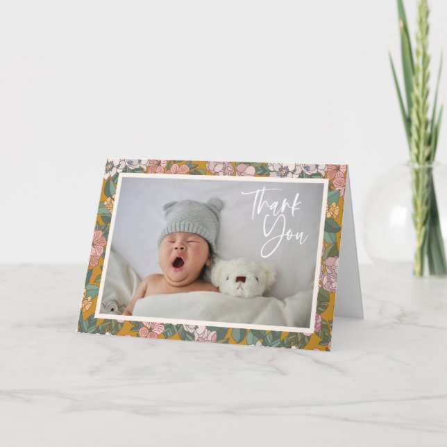Modern Boho Blommig Nyfödd Foto Bebis Shower Tack Kort (Framsida)