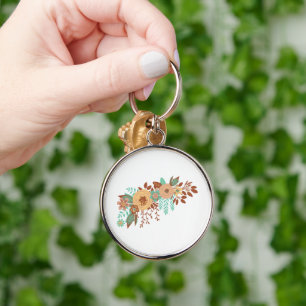 Modern Boho Blommig Rund Silverfärgad Nyckelring