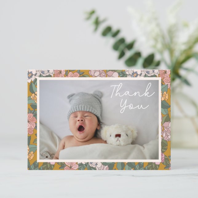Modern Boho Blommig Två Foto Bebis Shower Meddelan Tack Kort (Stående Fram)