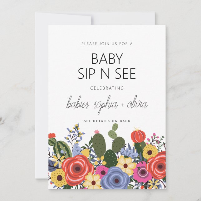 Modern Boho Blommig Tvilling Baby Sippa Och Se Inbjudningar (Framsida)