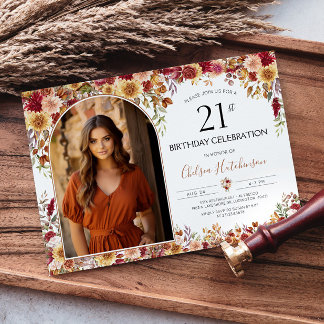 Modern Boho Blommigt 21:a födelsedag Foto Inbjudningar