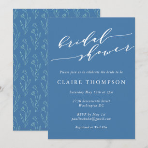 Modern Boho Blommigt Art Blue Script Möhippa Inbjudningar