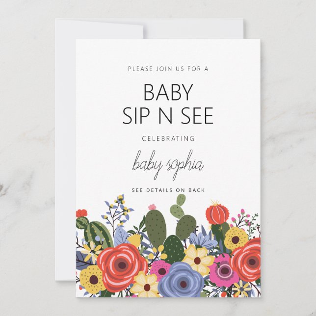 Modern Boho Blommigt Baby Sip och se inbjudan (Framsida)