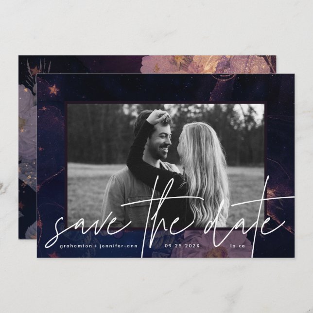 Modern Boho Blommigt Fantasy Mörk Fall Lila Spara Datumet (Fram/baksida)