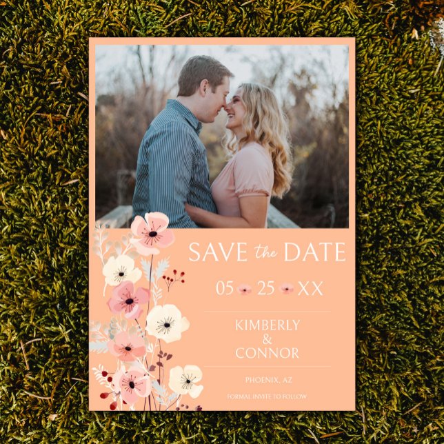 Modern Boho-Blommigt Foto Spara datum | Persikor Datumet (Peach Fuzz Modern Boho Floral Photo Save the Date)