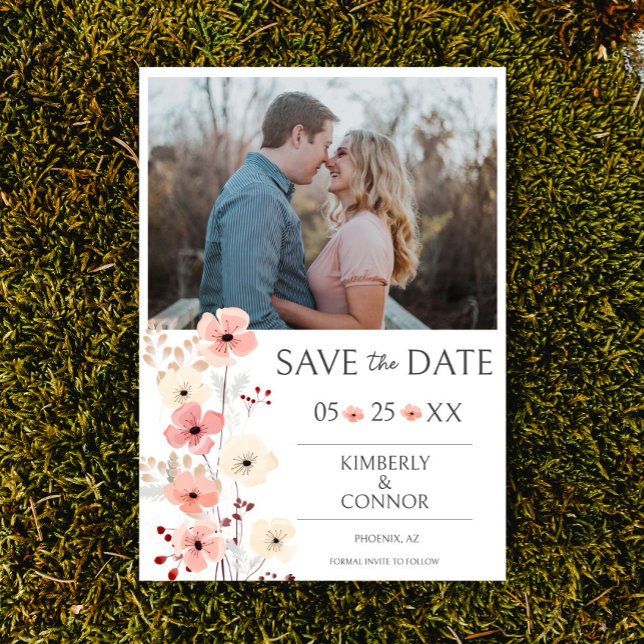 Modern Boho-Blommigt Foto Spara datum | Vit Spara Datumet (Modern Boho Floral Photo Save the Date)