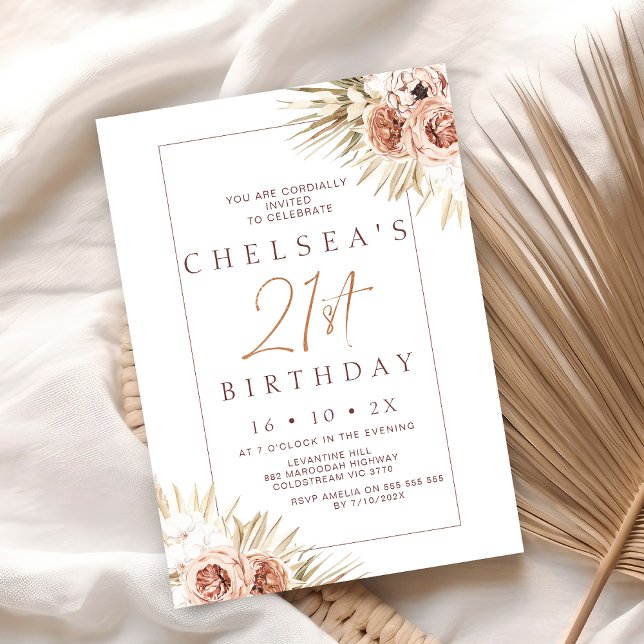 Modern Boho Blommigt Handflatan 21:a födelsedagen Inbjudningar (Boho Floral 21st Birthday Invitation, Bohemian Floral 21st Birthday Invite, Modern Rustic Girl)