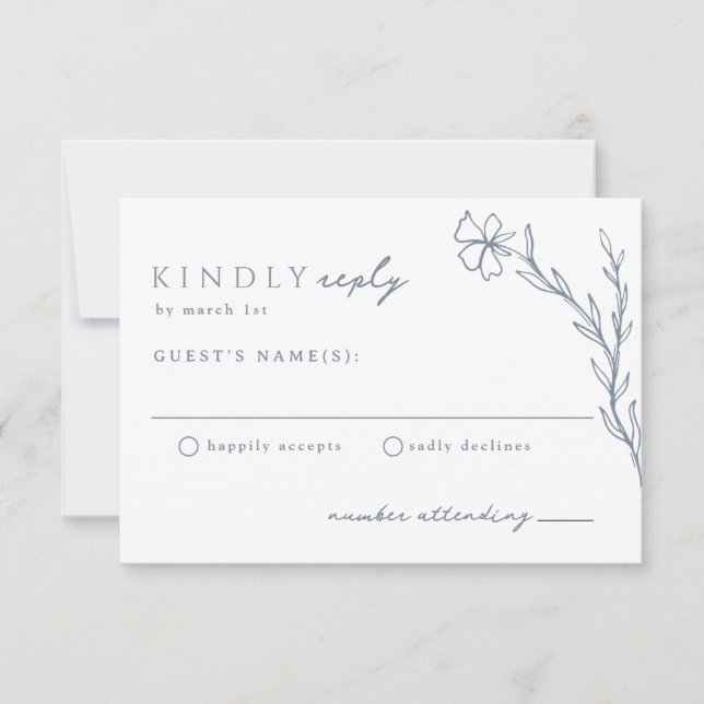 Modern Boho-Blommigt kontur i Dusty Blue Bröllop OSA Kort (Framsida)