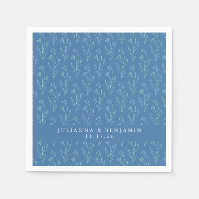 Modern Boho Blommigt Line Art Blue Personligt bröl Pappersservett (Framsidan)
