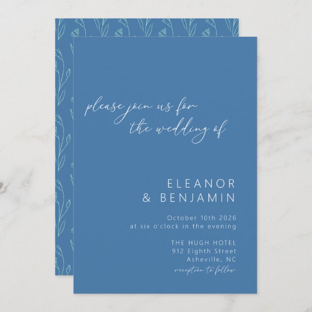 Modern Boho Blommigt Line Art Blue Script Bröllop Inbjudningar (Fram/baksida)