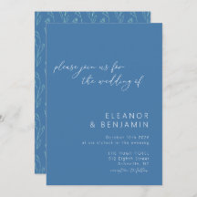 Modern Boho Blommigt Line Art Blue Script Bröllop