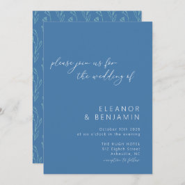 Modern Boho Blommigt Line Art Blue Script Bröllop Inbjudningar