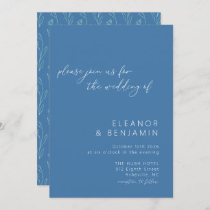 Modern Boho Blommigt Line Art Blue Script Bröllop Inbjudningar