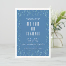 Modern Boho Blommigt Line Art Teckning Blue Bröllo Inbjudningar
