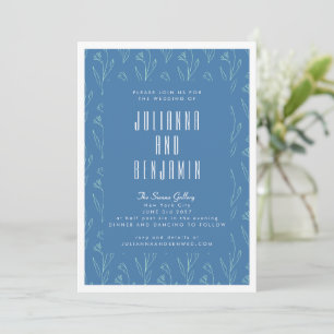 Modern Boho Blommigt Line Art Teckning Blue Bröllo Inbjudningar
