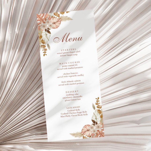 Modern Boho Blommigt Pampas Grass Bröllop Meny (Modern Boho Floral Pampas Grass Wedding Menu on a sunny white dry palm leaf.)