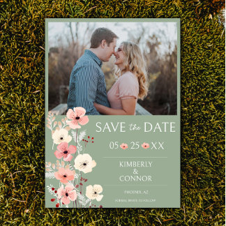 Modern Boho Blommigt Photo Save Date Sage Grönt Spara Datumet