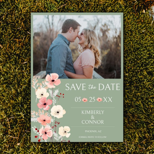 Modern Boho Blommigt Photo Save Date Sage Grönt Spara Datumet (Sage Green Modern Boho Floral Photo Save the Date)