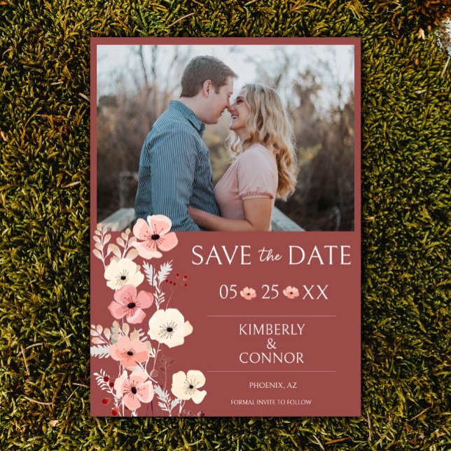 Modern Boho Blommigt Photo | Terracotta Spara Datumet (Terracotta Modern Boho Floral Photo Save the Date)