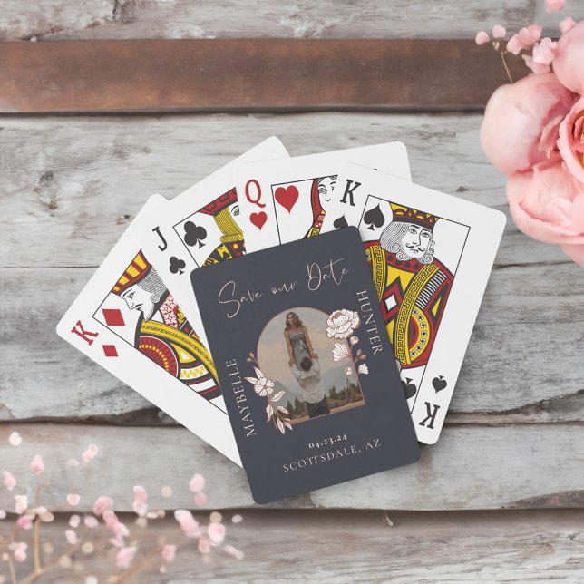 Modern Boho Blommigt Ro Photo Arch Navy Casinokort (Modern Boho Floral Rose Photo Arch Navy Playing Cards)