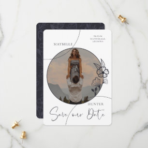 Modern Boho Blommigt Ro Photo Circle Navy & White Spara Datumet