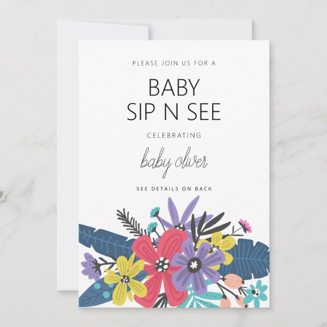 Modern Boho Blommor Pojke Baby Drick Och Se Inbjudningar (Framsida)