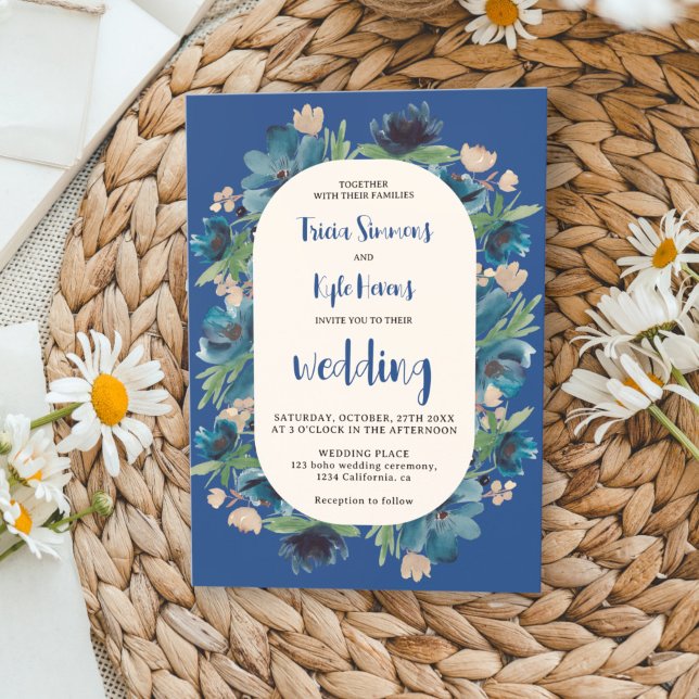 Modern Boho Blue blommigt Arch-skript bröllop Inbjudningar (Modern Boho blue floral arch script wedding Invitation)