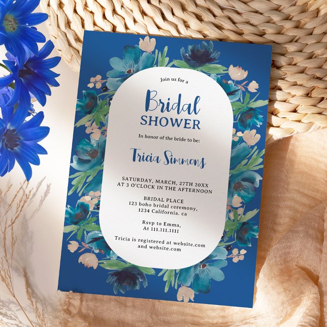 Modern Boho blue blommigt Arch-skript, möhippa Inbjudningar (Modern Boho blue floral arch script bridal shower Invitation)