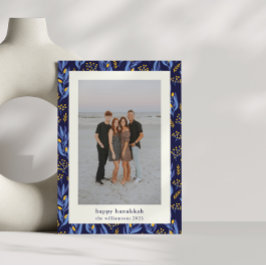 Modern Boho Blue Gult Hanukkah Botanical Photo Julkort