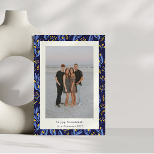 Modern Boho Blue Gult Hanukkah Botanical Photo Julkort