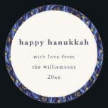 Modern Boho Blue Gult Hanukkah Botaniska Anpassnin Runt Klistermärke<br><div class="desc">Modern Boho Blue Gult Hanukkah Botanical Anpassningsbar Classic Round Sticker</div>