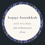 Modern Boho Blue Gult Hanukkah Botaniska Anpassnin Runt Klistermärke<br><div class="desc">Modern Boho Blue Gult Hanukkah Botanical Anpassningsbar Classic Round Sticker</div>