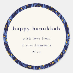 Modern Boho Blue Gult Hanukkah Botaniska Anpassnin Runt Klistermärke