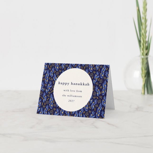 Modern Boho Blue Hanukkah Botanical Anpassningsbar Helgkort (Framsida)
