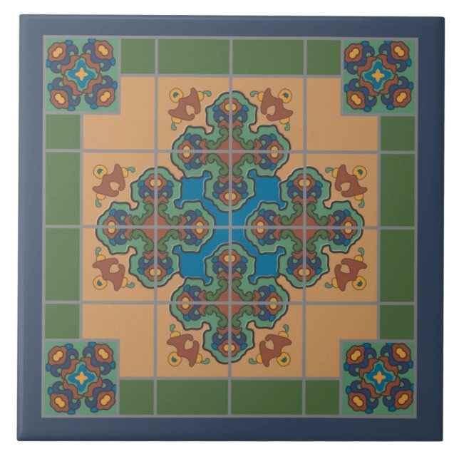Modern Boho Blue och Grönt Mönster Rhombus Kakelplatta (Framsidan)
