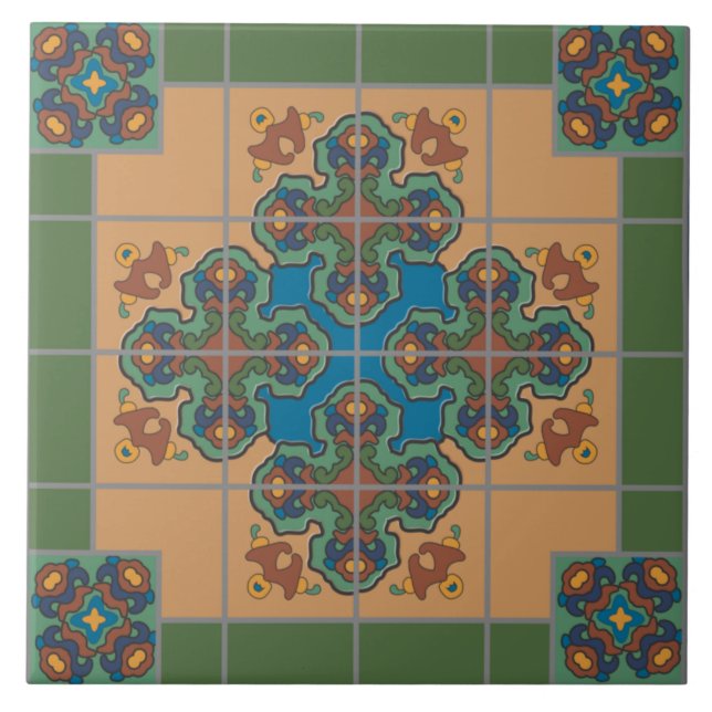 Modern Boho Blue och Grönt Mönster Rhombus Kakelplatta (Framsidan)