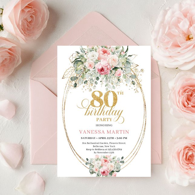 Modern Boho Blush Rosor 80-års Födelsedagsinbjudan Inbjudningar (Modern Boho Blush Roses 80th Birthday Invitation Set

)