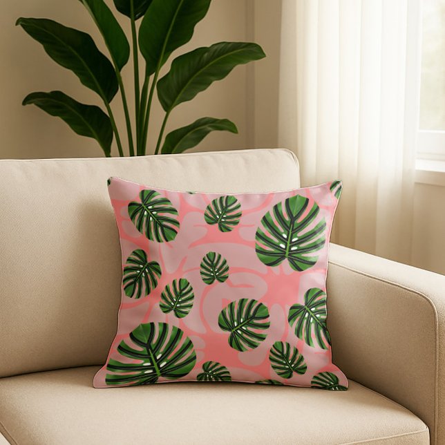 Modern Boho Botanical Leaves Pattern Kudde (Modern Boho Botanical Leaves - Coral Throw Pillow)