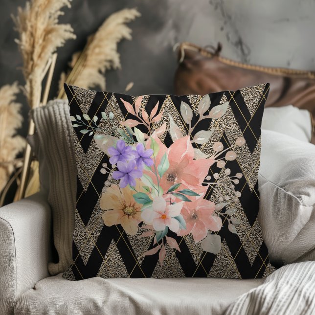Modern Boho botanik med Glitter Chevron Black Kudde (Skapare uppladdad)