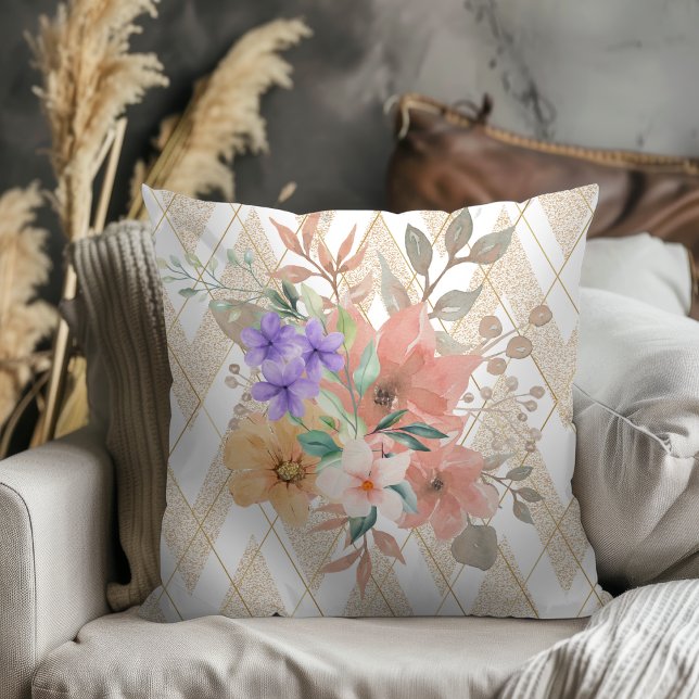 Modern Boho botanik med Glitter Chevron White Kudde (Skapare uppladdad)