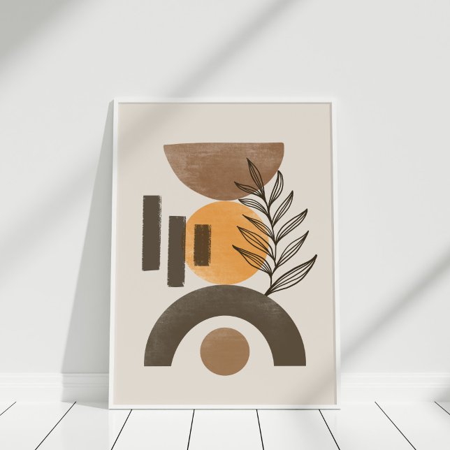 Modern Boho Botanisk Geometrisk Abstrakt Väggkonst (Modern Earth Tone Color Abstract Botanical Poster in white frame against white wall.)