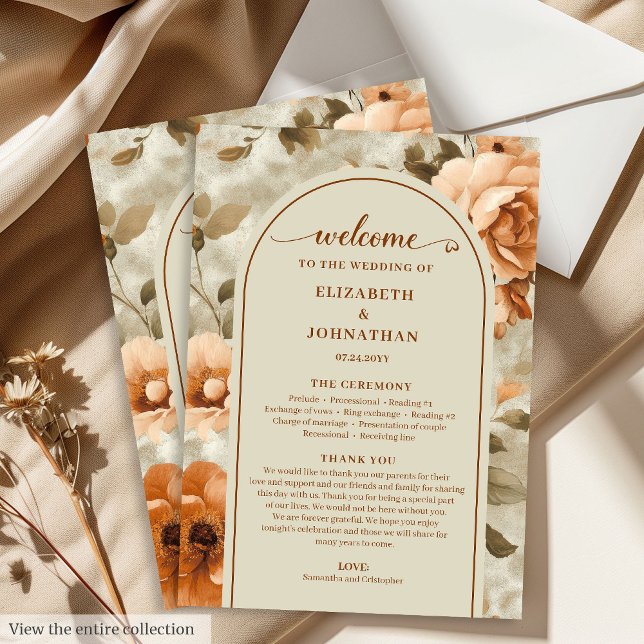Modern Boho Bränd Orange Beige Salvia Bröllopsdag Program (Modern Boho Burnt Orange Beige Sage Wedding Program)