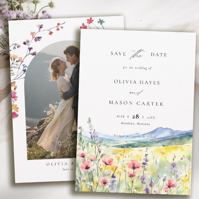 Modern Boho Bröllop med Fjälläng Vilda Blommor Spara Datumet (mountain wedding save the date boho arch wildflowers meadow floral watercolor modern calligraphy)