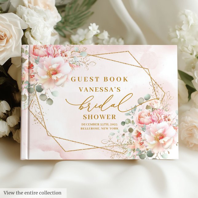 Modern Boho Bröllopsdusch i Rosa Guld med Blommig  Gästböcker (Modern Blush Gold Floral Frame Bridal Shower Guest Book)