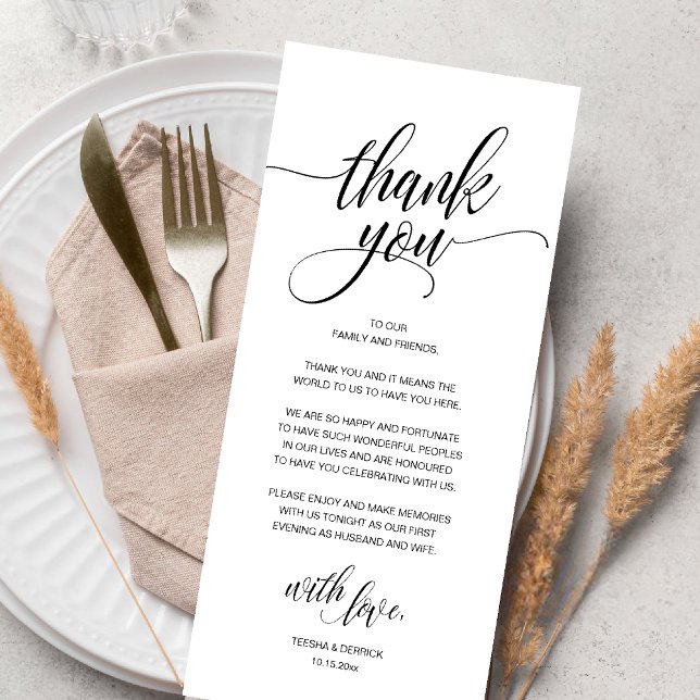 Modern Boho-bröllopsmottagning - tackkort Program (Modern Romantic Wedding Reception Dinner Thank You Card in Black and White)