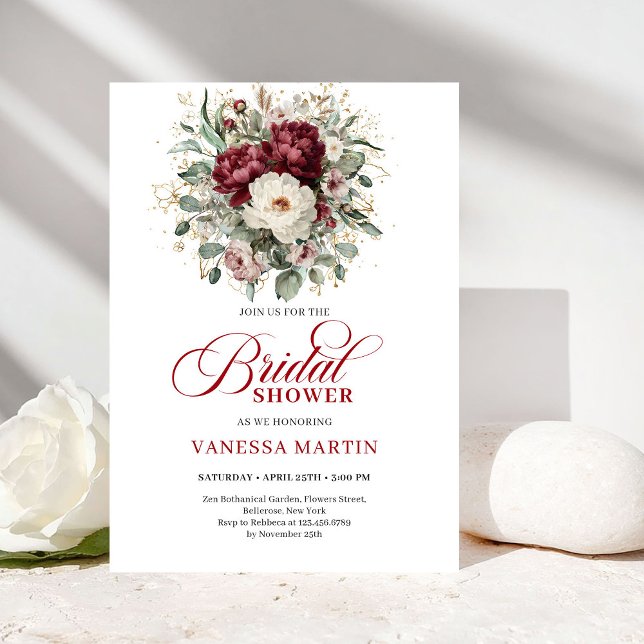 Modern Boho Burgunder Eukalyptus Guld Bröllopsfest Inbjudningar (Modern Boho Burgundy Eucalyptus Gold Bridal Shower Invitation)