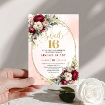 Modern Boho Burgunder Guld Blommig 16-årsdag