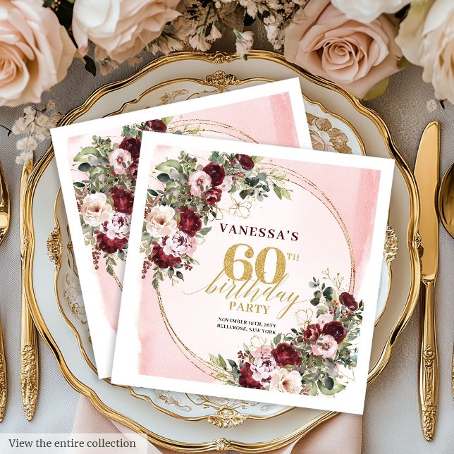 Modern Boho Burgunder Guld Blommig 60-års Födelsed Pappersservett (Modern Boho Burgundy Gold Floral 60th Napkins)