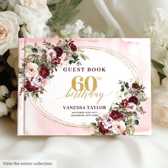 Modern Boho Burgunder Rosa Blommig 60-års Gästbok (Modern Boho Burgundy Blush Floral 60th Guest Book)