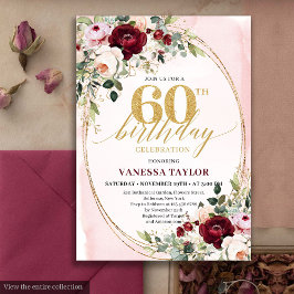 Modern Boho Burgunder Rosenskär Blommig 60-årsdag Inbjudningar